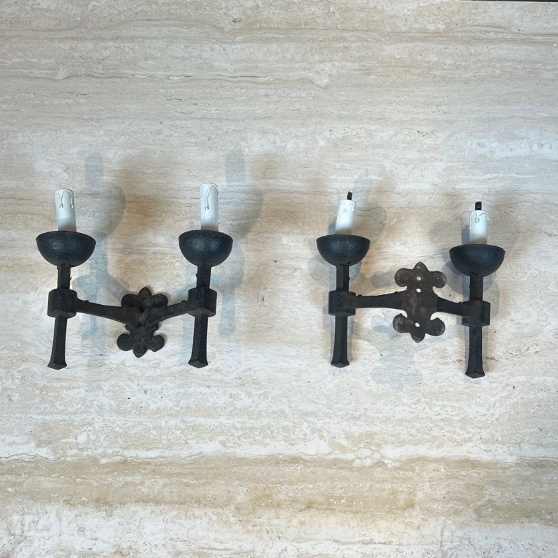 Pair of Gothic Style Wrought Iron Wall Lights with 2 Arms