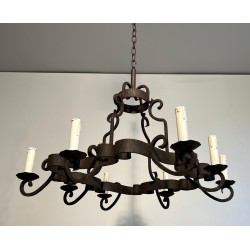Eight-Light Wrought Iron Chandelier, French Work, Circa 1950