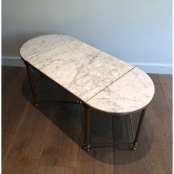Table Basse Tripartite Néoclassique en Métal Argenté à Plateaux de Marbre de Carrare, Travail Français, Vers 1940