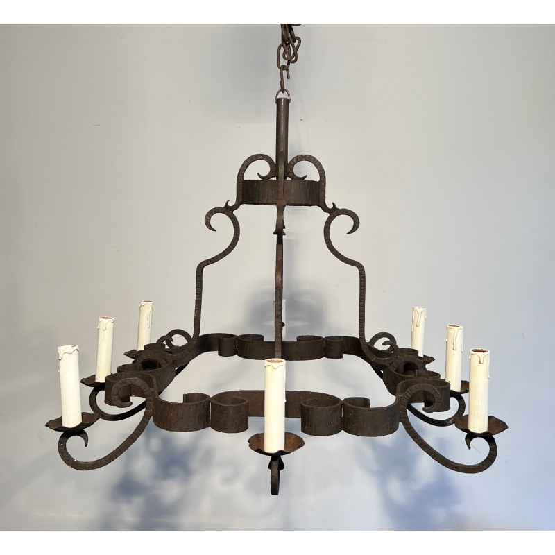 Lustre en Fer Forgé à Huit Bras de Lumière, Travail Français, Vers 1950