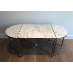 Table Basse Tripartite Néoclassique en Métal Argenté à Plateaux de Marbre de Carrare, Travail Français, Vers 1940