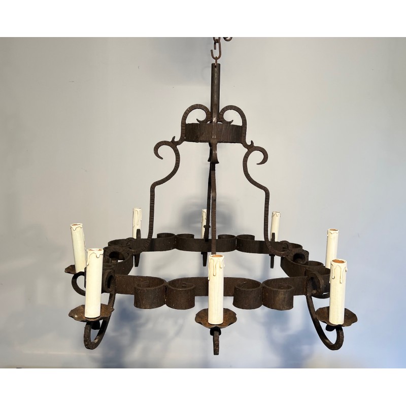 Lustre en Fer Forgé à Huit Bras de Lumière, Travail Français, Vers 1950