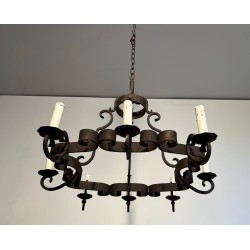 Lustre en Fer Forgé à Huit Bras de Lumière, Travail Français, Vers 1950