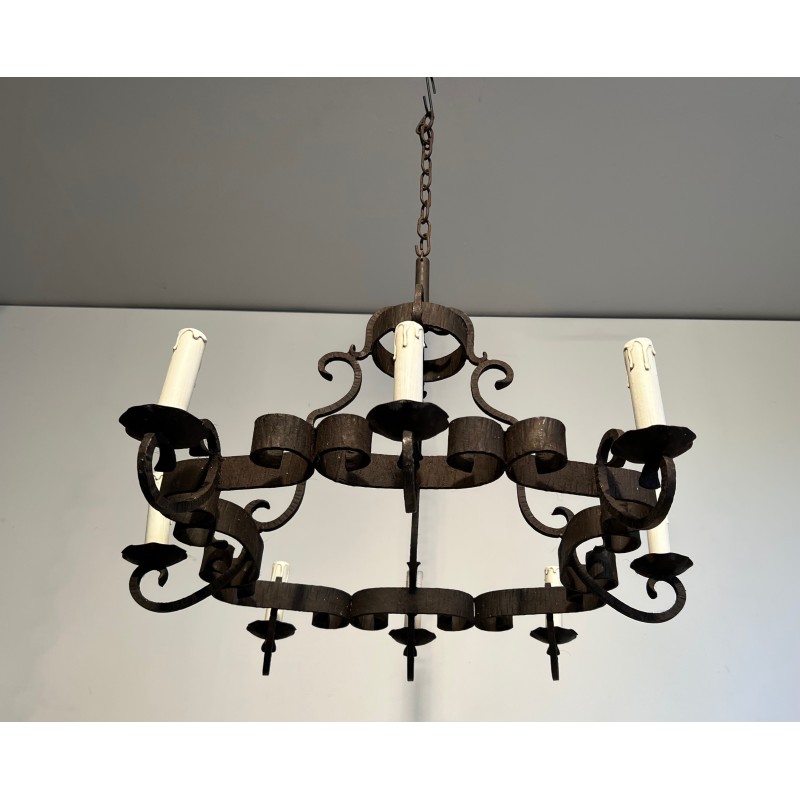 Lustre en Fer Forgé à Huit Bras de Lumière, Travail Français, Vers 1950