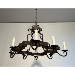 Eight-Light Wrought Iron Chandelier, French Work, Circa 1950