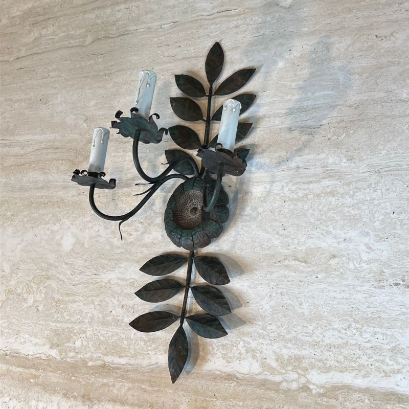 Pair of Decorative Wall Sconces with Sunflowers and Foliage in Patinated Metal