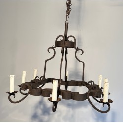 Lustre en Fer Forgé à Huit Bras de Lumière, Travail Français, Vers 1950