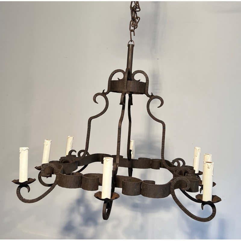 Eight-Light Wrought Iron Chandelier, French Work, Circa 1950