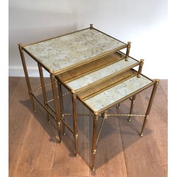 Set of Three Neoclassical Brass Nesting Tables with Faux Antique Glass Tops, Maison Baguès, Circa 1940