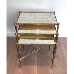 Set of Three Neoclassical Brass Nesting Tables with Faux Antique Glass Tops, Maison Baguès, Circa 1940