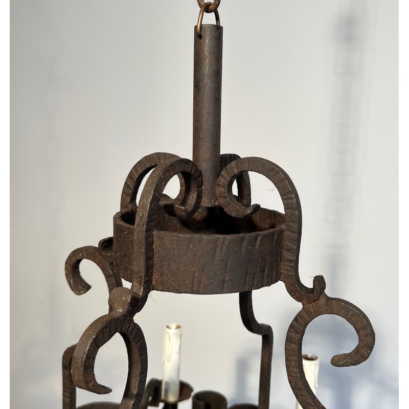 Lustre en Fer Forgé à Huit Bras de Lumière, Travail Français, Vers 1950