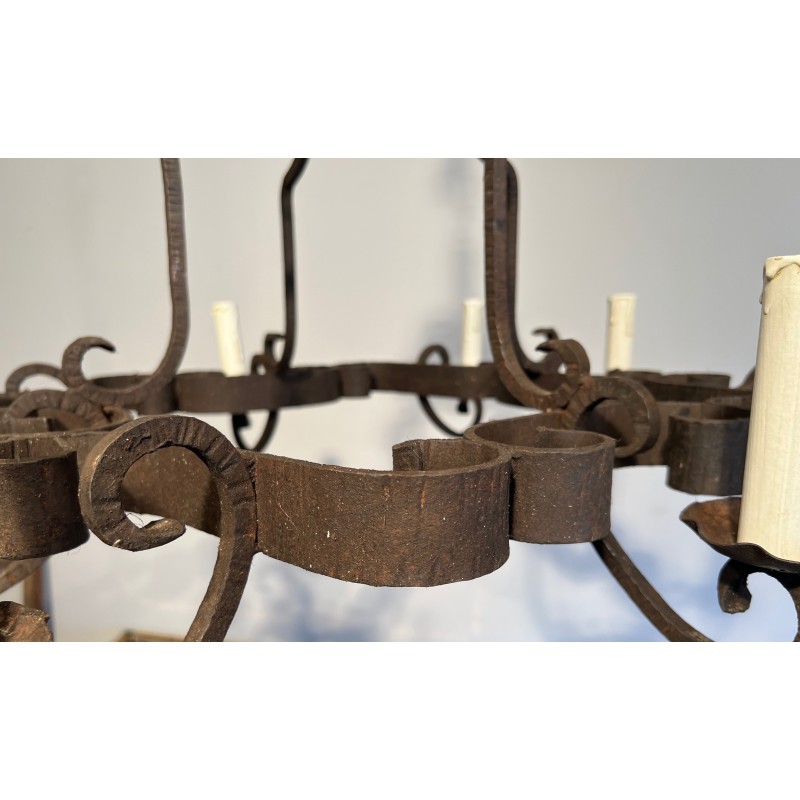 Eight-Light Wrought Iron Chandelier, French Work, Circa 1950