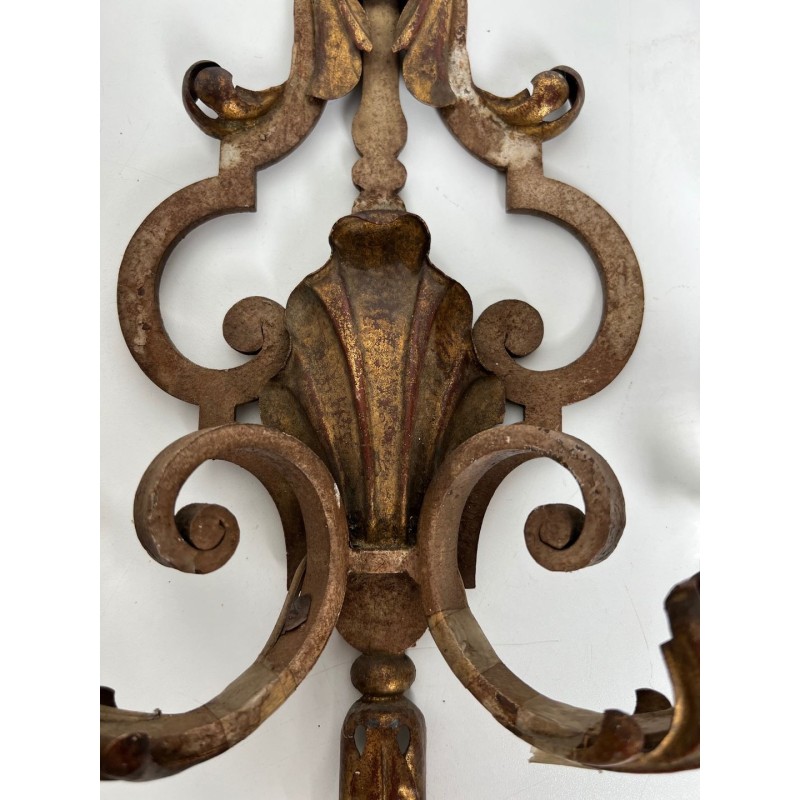 Pair of Patinated Wrought Iron Wall Sconces with Gilded Acanthus Leaves and Crystals