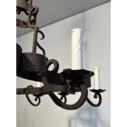 Lustre en Fer Forgé à Huit Bras de Lumière, Travail Français, Vers 1950
