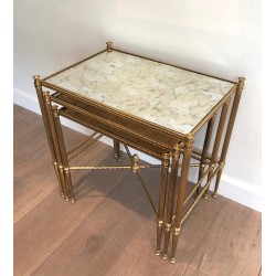 Set of Three Neoclassical Brass Nesting Tables with Faux Antique Glass Tops, Maison Baguès, Circa 1940