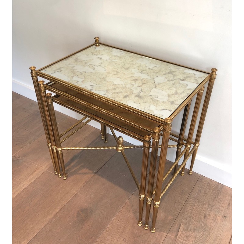 Set of Three Neoclassical Brass Nesting Tables with Faux Antique Glass Tops, Maison Baguès, Circa 1940