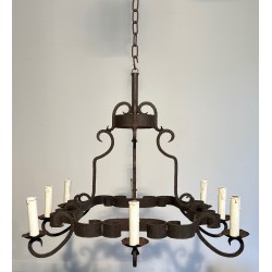 Lustre en Fer Forgé à Huit Bras de Lumière, Travail Français, Vers 1950
