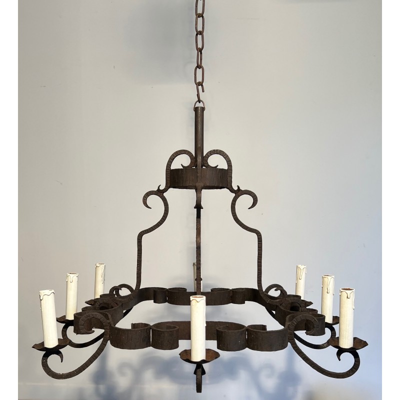 Lustre en Fer Forgé à Huit Bras de Lumière, Travail Français, Vers 1950