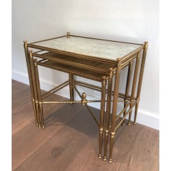 Set of Three Neoclassical Brass Nesting Tables with Faux Antique Glass Tops, Maison Baguès, Circa 1940