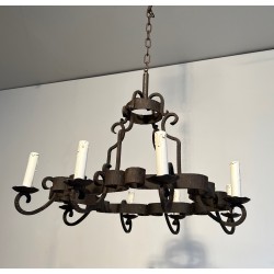 Eight-Light Wrought Iron Chandelier, French Work, Circa 1950