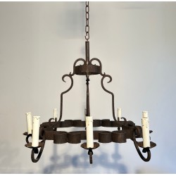 Eight-Light Wrought Iron Chandelier, French Work, Circa 1950