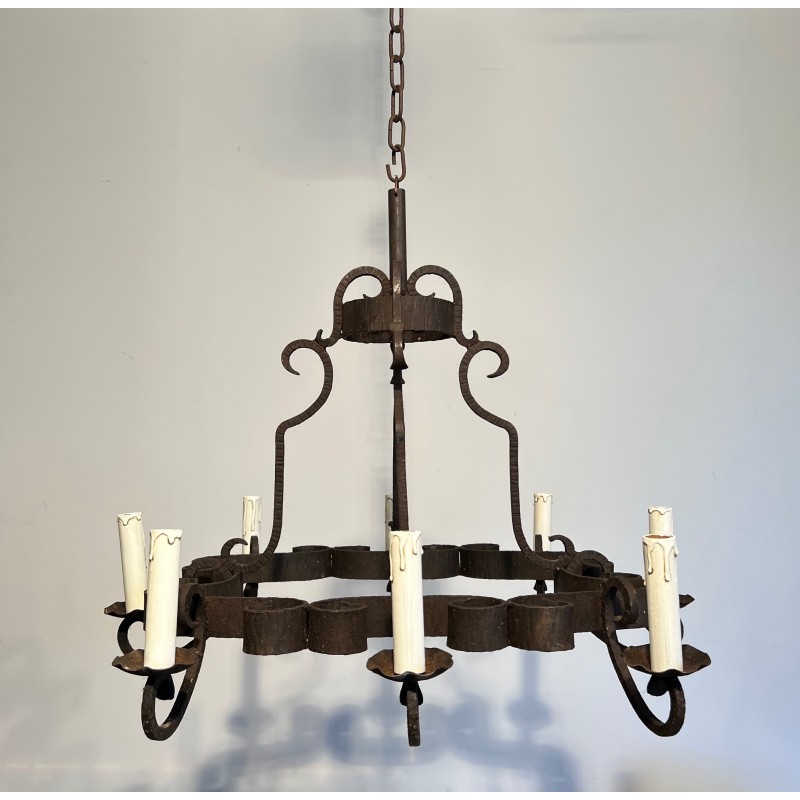 Lustre en Fer Forgé à Huit Bras de Lumière, Travail Français, Vers 1950