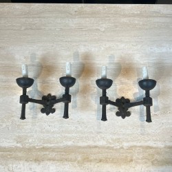 Pair of Gothic Style Wrought Iron Wall Lights with 2 Arms