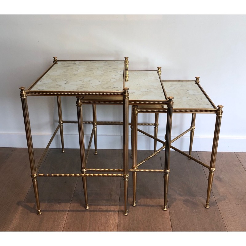 Set of Three Neoclassical Brass Nesting Tables with Faux Antique Glass Tops, Maison Baguès, Circa 1940