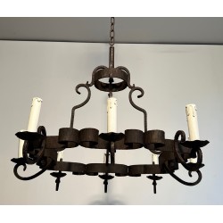 Lustre en Fer Forgé à Huit Bras de Lumière, Travail Français, Vers 1950