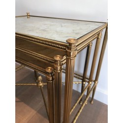 Set of Three Neoclassical Brass Nesting Tables with Faux Antique Glass Tops, Maison Baguès, Circa 1940
