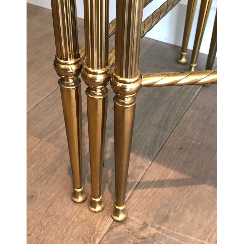 Set of Three Neoclassical Brass Nesting Tables with Faux Antique Glass Tops, Maison Baguès, Circa 1940