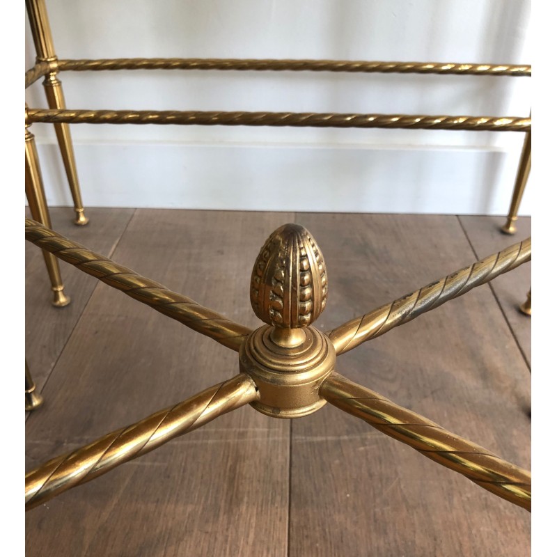 Set of Three Neoclassical Brass Nesting Tables with Faux Antique Glass Tops, Maison Baguès, Circa 1940