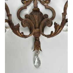 Paire d'Appliques en Fer Forgé Patiné à Feuilles d'Acanthes Dorées et Cristaux