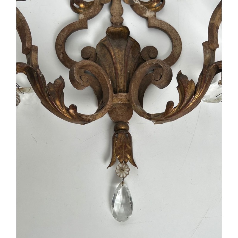 Pair of Patinated Wrought Iron Wall Sconces with Gilded Acanthus Leaves and Crystals