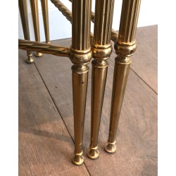 Set of Three Neoclassical Brass Nesting Tables with Faux Antique Glass Tops, Maison Baguès, Circa 1940