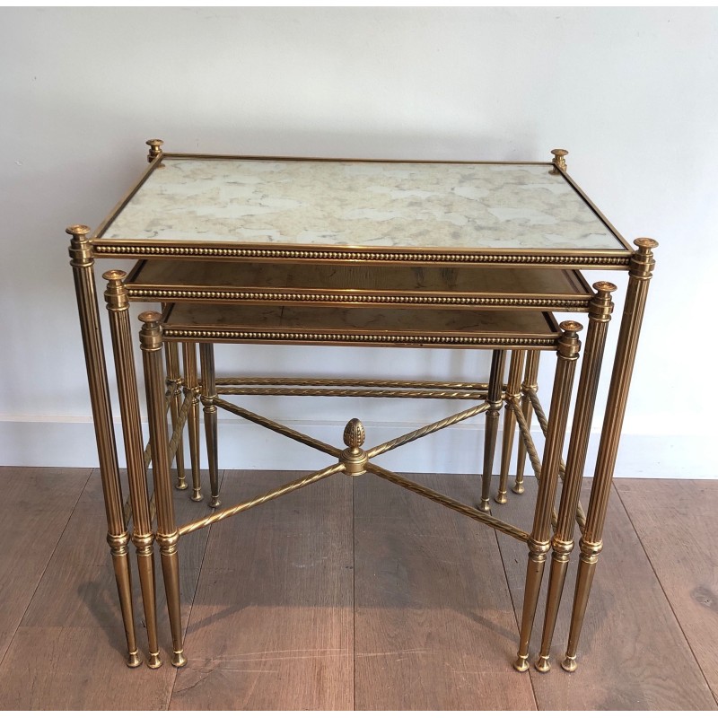 Set of Three Neoclassical Brass Nesting Tables with Faux Antique Glass Tops, Maison Baguès, Circa 1940
