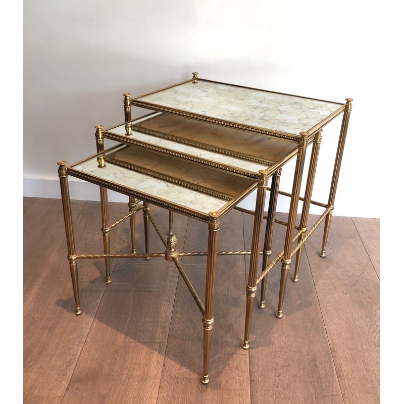 Set of Three Neoclassical Brass Nesting Tables with Faux Antique Glass Tops, Maison Baguès, Circa 1940