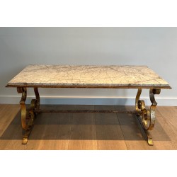 Table Basse en Fer Forgé Doré à Plateau de Marbre, Travail Français, Vers 1940