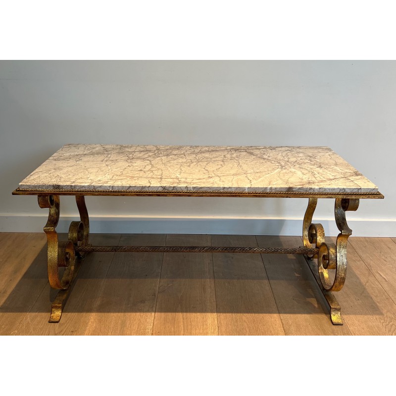 Gilt Wrought Iron Coffee Table with Marble Top, French Work, Circa 1940