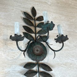 Pair of Decorative Wall Sconces with Sunflowers and Foliage in Patinated Metal