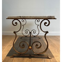 Table Basse en Fer Forgé Doré à Plateau de Marbre, Travail Français, Vers 1940