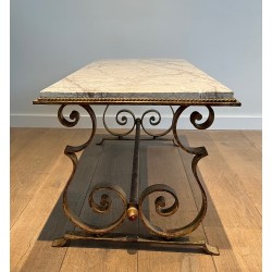 Table Basse en Fer Forgé Doré à Plateau de Marbre, Travail Français, Vers 1940