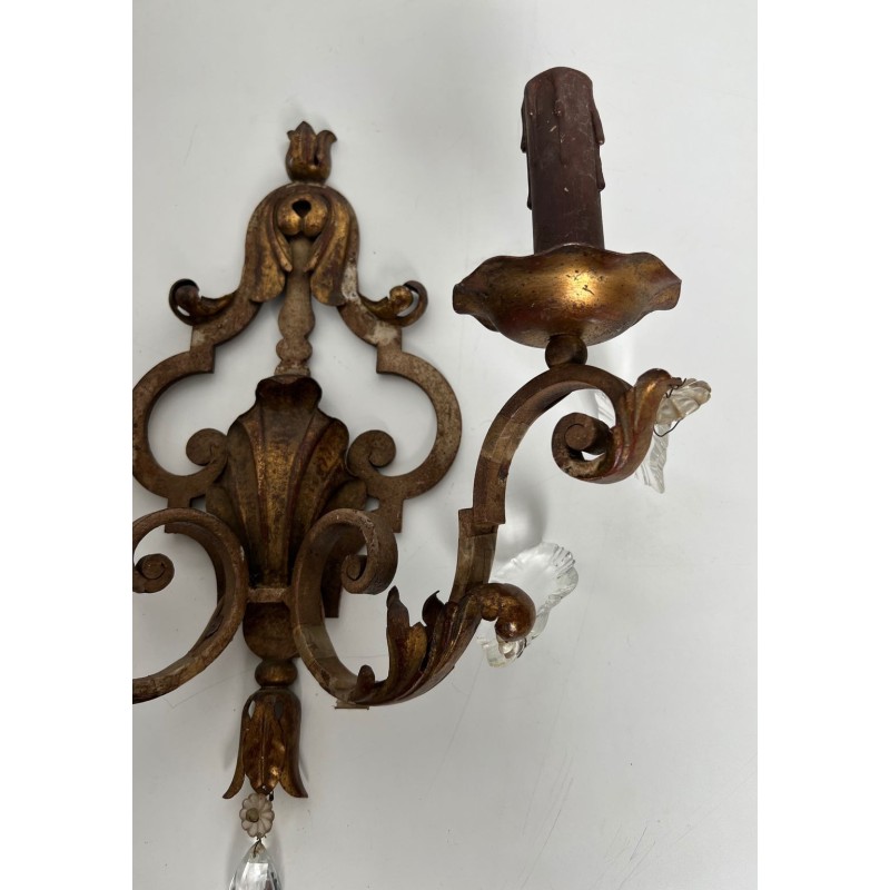 Pair of Patinated Wrought Iron Wall Sconces with Gilded Acanthus Leaves and Crystals
