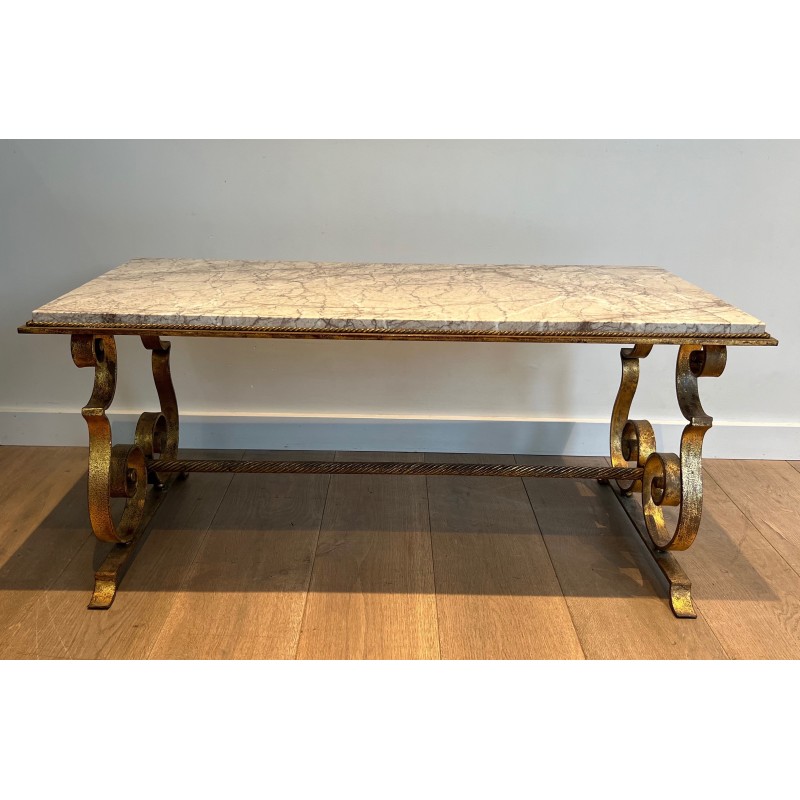 Table Basse en Fer Forgé Doré à Plateau de Marbre, Travail Français, Vers 1940