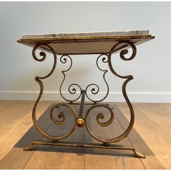 Gilt Wrought Iron Coffee Table with Marble Top, French Work, Circa 1940