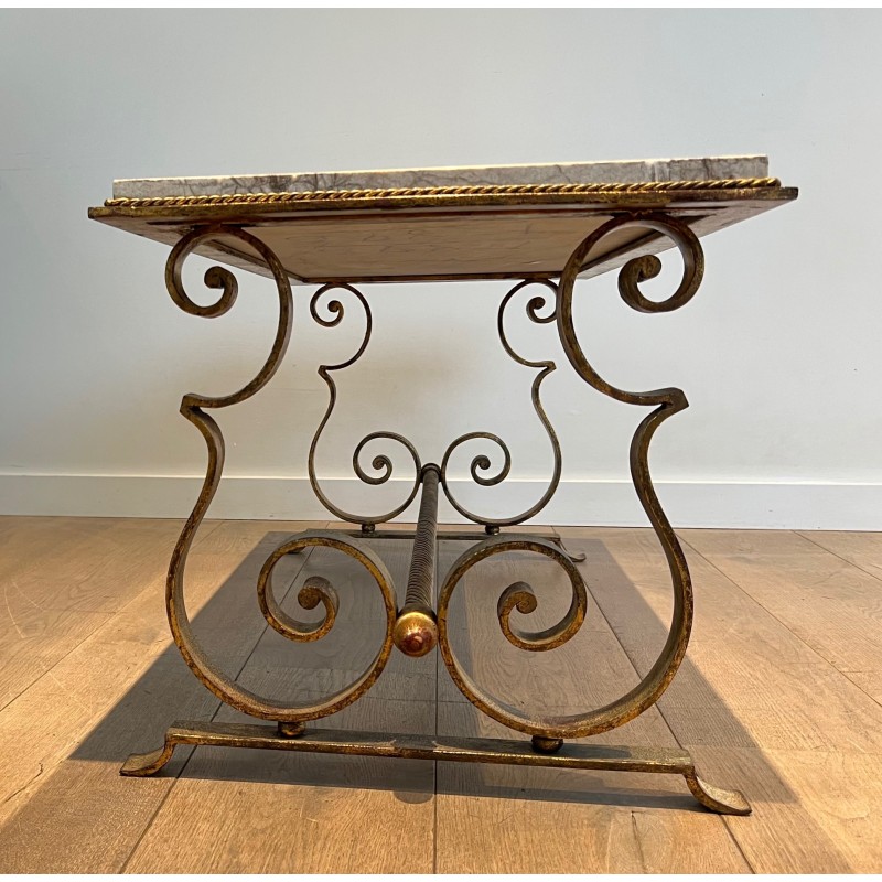 Gilt Wrought Iron Coffee Table with Marble Top, French Work, Circa 1940