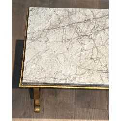 Table Basse en Fer Forgé Doré à Plateau de Marbre, Travail Français, Vers 1940