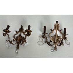 Pair of Patinated Wrought Iron Wall Sconces with Gilded Acanthus Leaves and Crystals