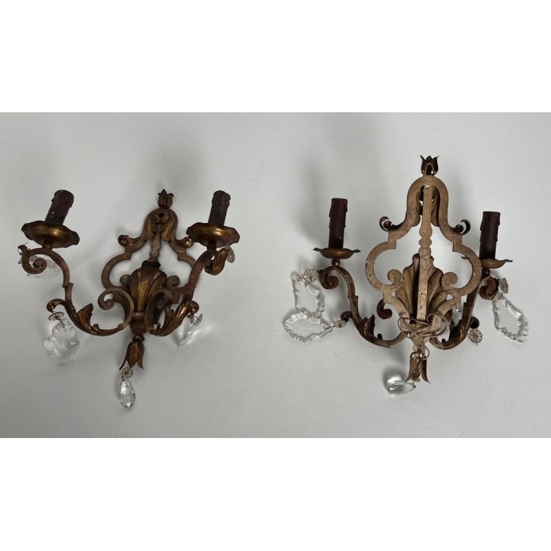 Pair of Patinated Wrought Iron Wall Sconces with Gilded Acanthus Leaves and Crystals
