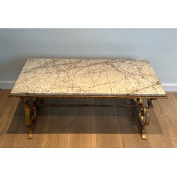 Table Basse en Fer Forgé Doré à Plateau de Marbre, Travail Français, Vers 1940